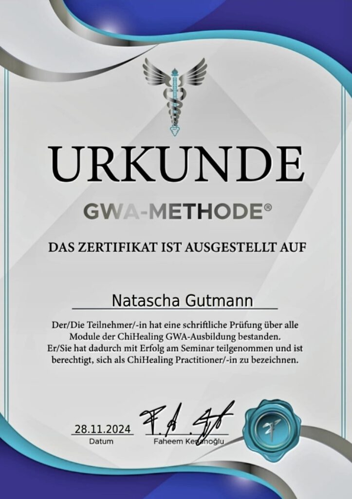 Zertifikat der GWA-Methode mit dem Namen Natascha Gutmann und dem Datum 28.11.2024.